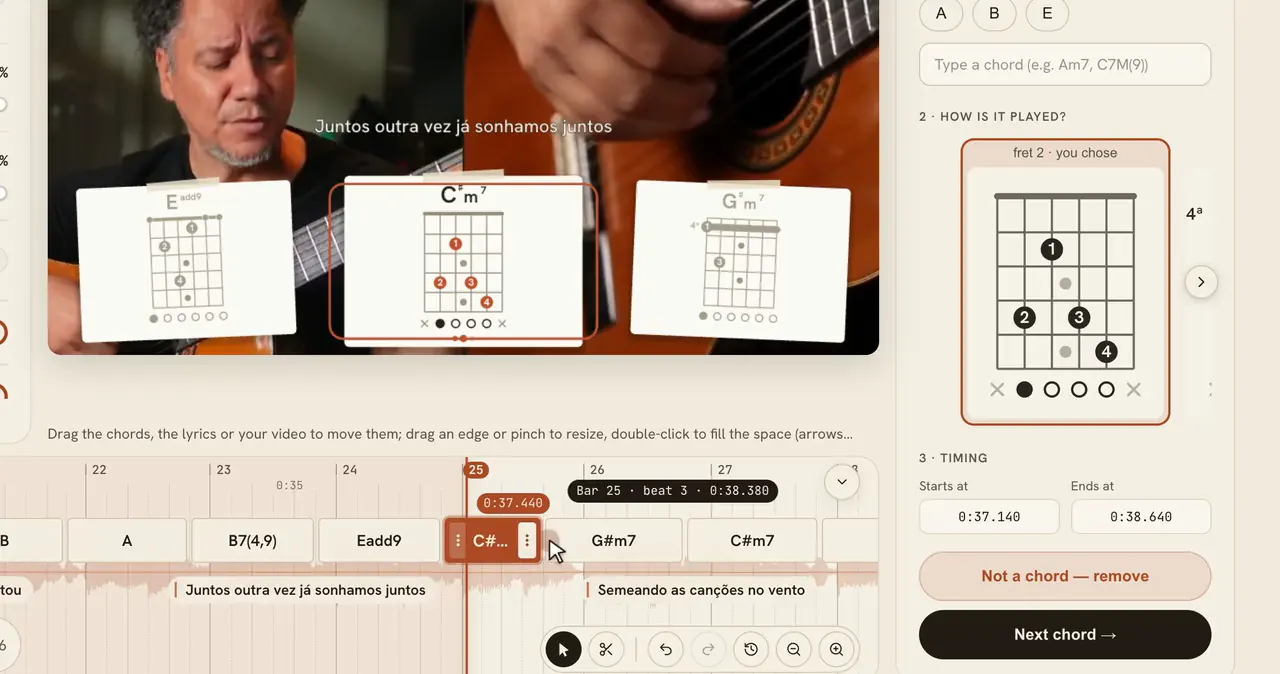 In the FlowChord editor, a chord's edge is dragged along the waveform and snaps to the next beat