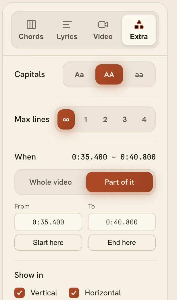 A text element's settings in the FlowChord editor: style, timing and how it comes in