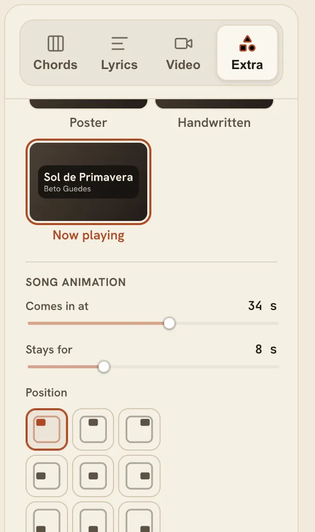 The Song card in the FlowChord editor: title style, when it comes in and how long it stays