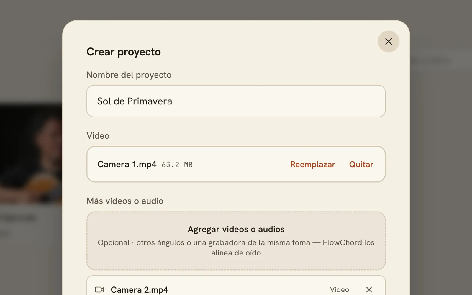 The Create project dialog with the take's files added