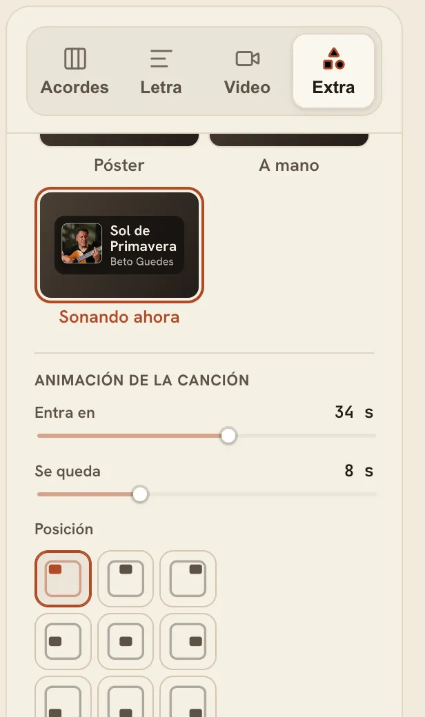 The Song card in the FlowChord editor: title style, when it comes in and how long it stays