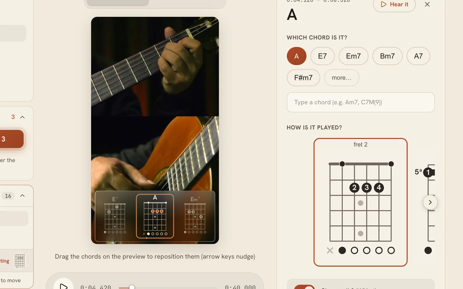 The chord edit sheet with name, fingering and timing