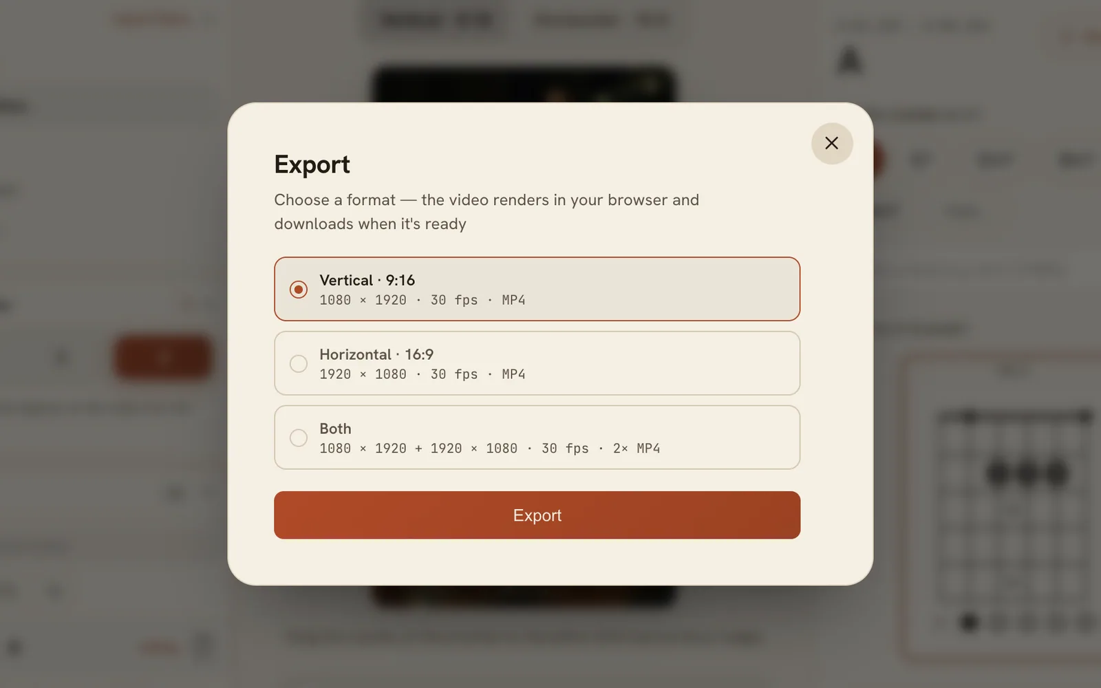 The export dialog with 9:16, 16:9 and both