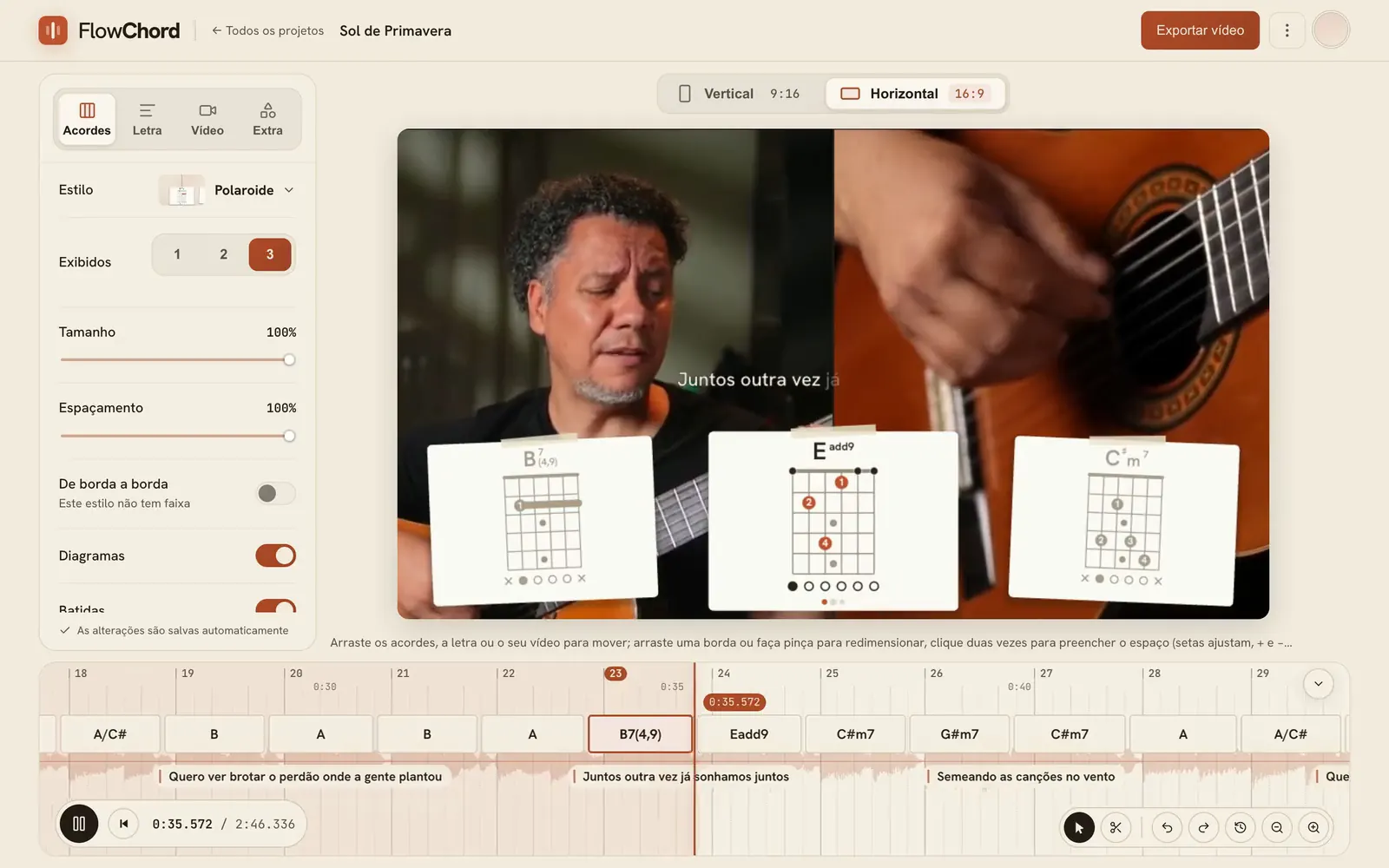The FlowChord editor playing a song: two cameras with the chords and lyrics over them, and the waveform timeline below